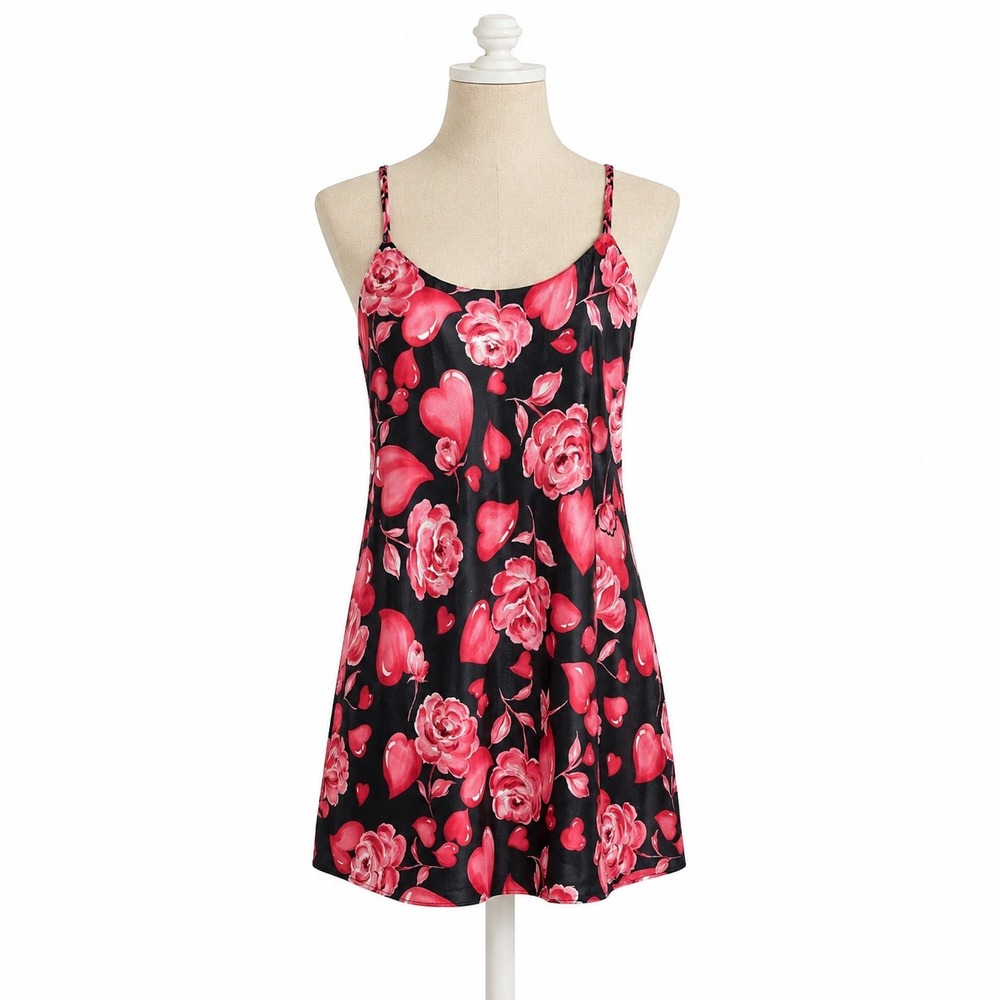 Floral Rose Heart Mini Babydoll Slip Dress Size M Black Pink Romantic Fairy Y2K